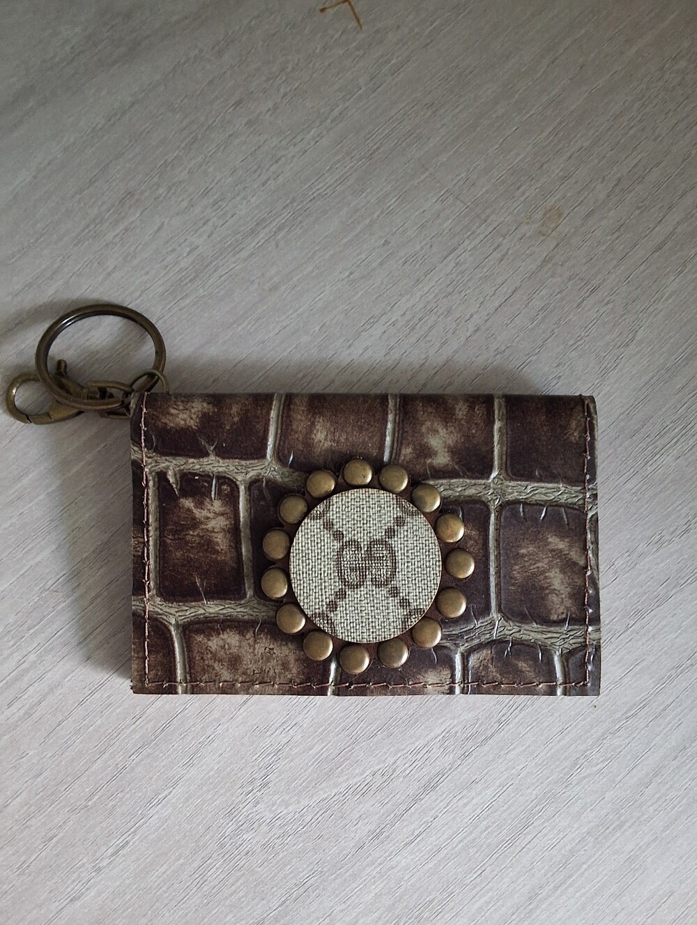 Trendy Upcycled Leather Keychain/Card Holder with Embossed Leather Emblem - NWT